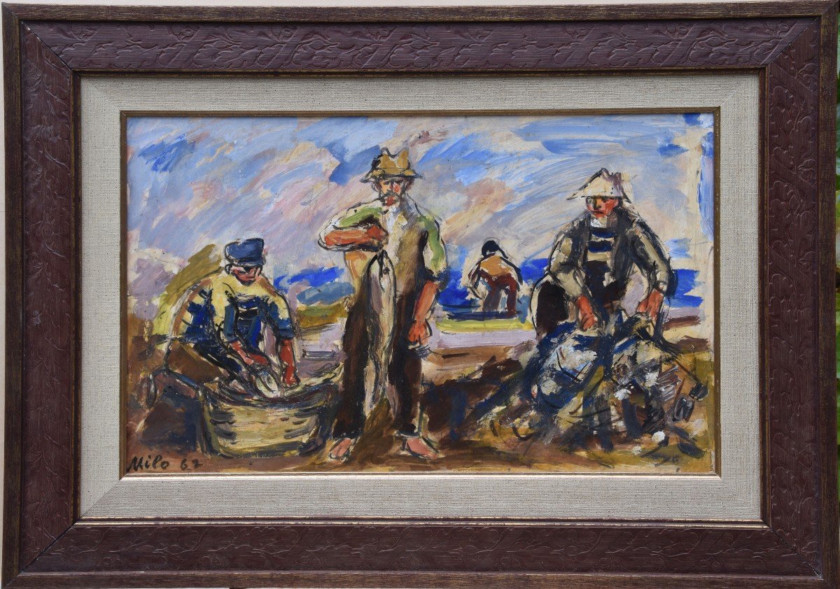 Jean Milo "the Fishermen" 1962 Oil On Paper 32x50